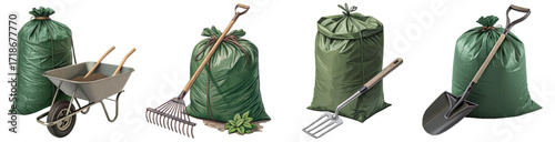 Conquer garden cleanup with essential tools like filled bags, wheelbarrow, rake, and sturdy shovel for efficient yard work and waste removal.