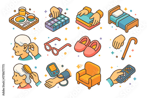 Senior Care Icons. Colorful isometric vector icons set of daily support for seniors: meal tray delivery, organizing medication box, folding laundry, making