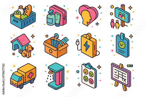 Post-Evacuation Icons. Colorful isometric vector icons set of post-evacuation support: food distribution crate, hygiene kit, psychological support symbol,