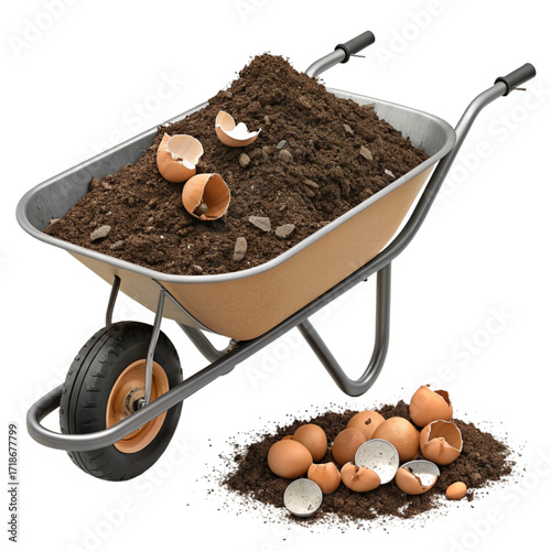 Gardening wheelbarrow brimming with rich soil and scattered eggshells, ready for planting fertile ground