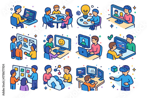 Collaborative Tech Icons. Colorful isometric vector icons set of collaborative tech projects: coding sprint, hackathon table, group design thinking, wireframe