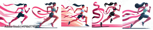 Strong Woman Runner with Pink Ribbon – Breast Cancer Awareness Sport Vector Illustration