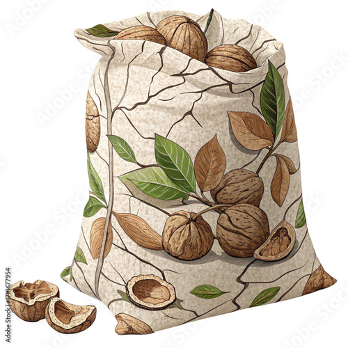 Abundant sack bursting with fresh walnuts and natural leaves, perfect for healthy eating and harvest themes.