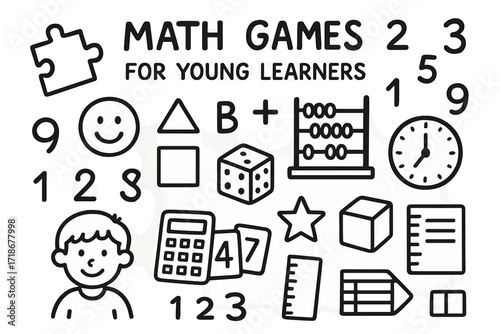 Math Games Doodles. Hand-drawn doodle illustration [math games for young learners] [numbers, puzzle piece, abacus, dice, smiley face, shapes, plus sign, clock,