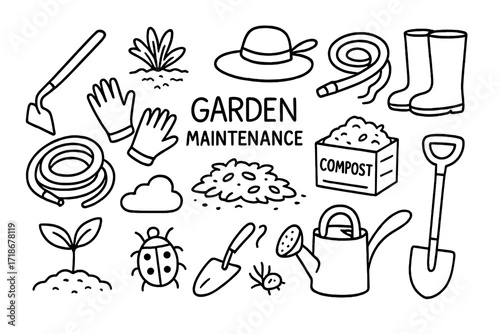 Garden Maintenance Icons. Hand-drawn doodle illustration Garden maintenance with hoe hoe, weed icon, gloves, garden hose, boots, sun hat, leaf pile, compost,
