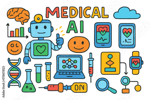 Medical AI Doodle. Colorful Hand-drawn doodle Children illustration Medical AI robot doctor, brain icon, data chart, cloud icon, health app, smiling face,