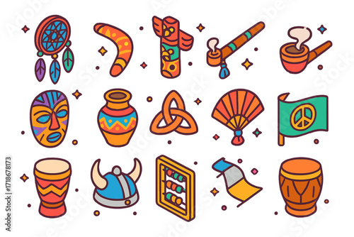 Cultural Iconography Showcase. Colorful isometric vector icons set of Cultural symbols and artifacts: dreamcatcher, boomerang, totem pole, peace pipe, tribal