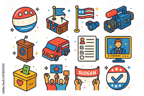 Presidential Campaign Icons. Colorful isometric vector icons set of presidential campaign elements: election button, rally stage, campaign flag, media camera,