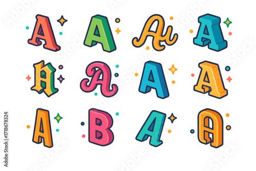 Colorful Typeface Icons. Typeface Selection. Colorful isometric vector icons set of typeface selection: serif A, sans serif A, script A, slab serif A, gothic