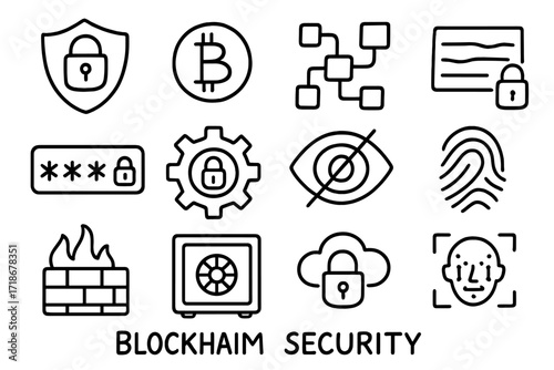 Blockchain Security Icons. Hand-drawn doodle illustration blockchain security shield icon, lock, keyhole, bitcoin icon, blockchain nodes, encrypted message,