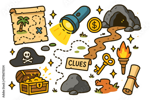 Children's Treasure Adventure. Colorful Hand-drawn doodle Children illustration Treasure Hunt with Flashlight treasure map, flashlight, gold coin, cave, rock,