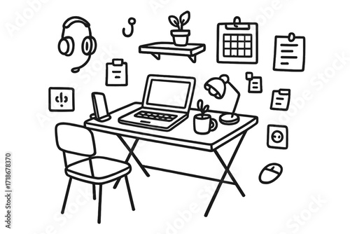 Compact Office Doodle. Hand-drawn doodle illustration Small space office setup [folding desk, compact chair, laptop, wall-mounted shelf, calendar, small lamp,