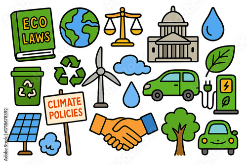 Eco Laws Illustrated. Colorful Hand-drawn doodle Children illustration Government climate policies eco laws book, globe, scales of justice,