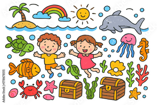 Underwater Sea Adventure. Colorful Hand-drawn doodle Children illustration underwater near island fish, dolphin, turtle, crab, starfish, seashell, coral,