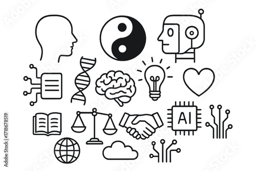 AI and Humanity Balance. Hand-drawn doodle illustration AI and humanity balance human head, robot head, yin yang, DNA strand, gears, brain, light bulb, heart,