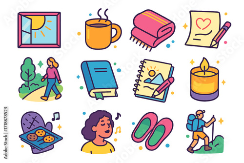 Quiet Personal Joys. Colorful isometric vector icons set of quiet personal joys: morning sun through window, warm coffee mug, cozy blanket, handwritten note to