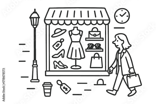Window Shopping Doodles. Hand-drawn doodle illustration Casual window browsing Storefront, mannequin, dress, shoes, hat, bag, sunglasses, price tag, shopping