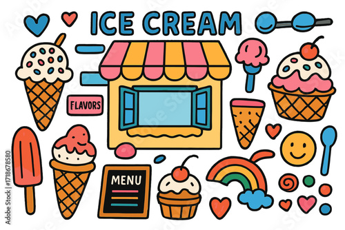 Doodle Ice Cream Shop. Colorful Hand-drawn doodle Children illustration Ice cream shop ice cream cone, sprinkles, scoop, waffle cup, cherry, smiling face,
