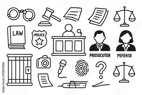 Court Elements Doodle. Hand-drawn doodle illustration Criminal court scene handcuffs, gavel, law book, police badge, court bench, witness icon, defense lawyer,