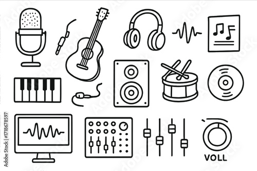 Music Session Doodles. Hand-drawn doodle illustration Music recording session microphone, guitar, headphones, sheet music, waveform, piano keys, audio cable,