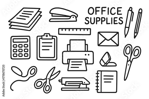 Office Supply Doodles. Office Supplies. Hand-drawn doodle illustration catalog, paper stack, stapler, pen, pencil, ruler, calculator, clipboard, envelope,