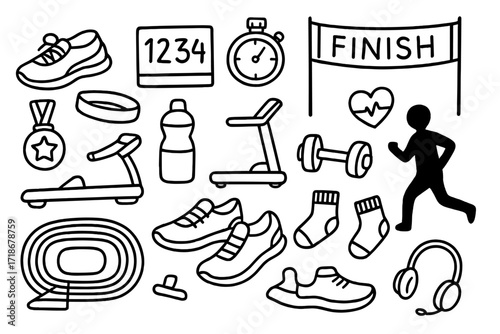 Running Essentials Icons. Hand-drawn doodle illustration Marathon Running shoes, race bib, water bottle, stopwatch, finish line, medal, headband, treadmill,