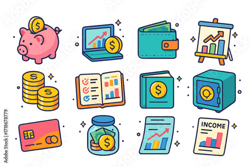Financial Goals Icons. Colorful isometric vector icons set of Financial Goals and Success: piggy bank, savings graph, wallet with cash, investment chart, coin