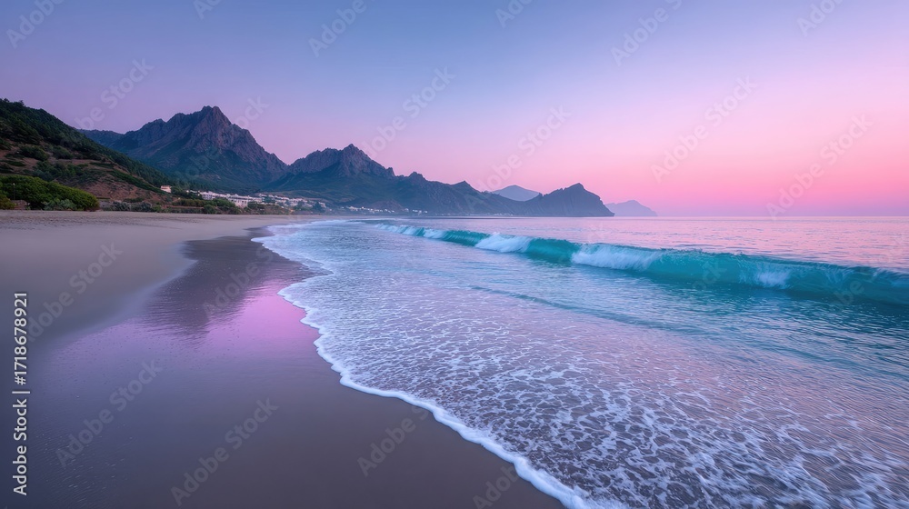 Fototapeta premium Ocean Wave Rolling on Sandy Beach at Sunrise with Rocky Mountain Backdrop under Soft Purple and Pink Sky