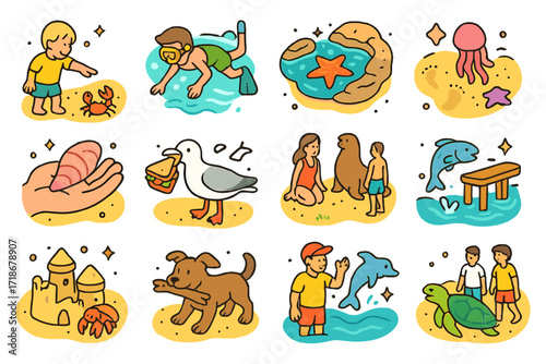 Beachside Fun Icons. Colorful isometric vector icons set of beachside human and sea life interaction: child pointing at crab, snorkeler in shallows, tidepool