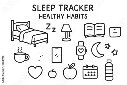 Sleep Tracker Doodles. Hand-drawn doodle illustration Sleep tracker healthy habits [bed, pillow, blanket, lamp, book, tea cup, smartphone, smartwatch, heart,