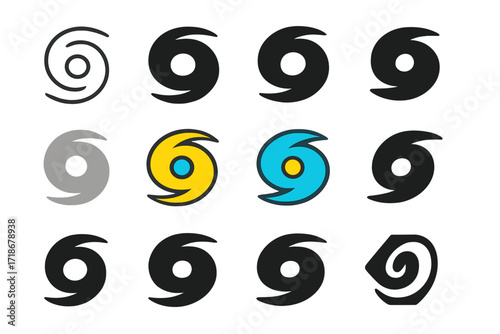 Eye of the Storm. Set Logo of Severe Hurricanes: Eye of the storm symbol. Logo set in vector style, emblematic variations. line, bold thick line, solid black