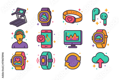 Isometric Fitness Tech Icons. Colorful isometric vector icons set of treadmill and wearable tech: smart treadmill screen, fitness smartwatch, heart strap