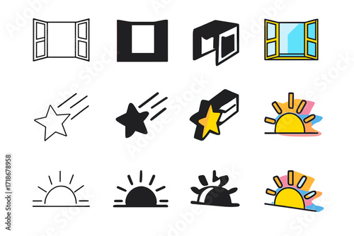 Inspiration Icon Set. Icon Set of Fresh Ideas Inspiration: Open window, Shooting star, Rising sun. Icons set in vector style, emblematic variations. Open