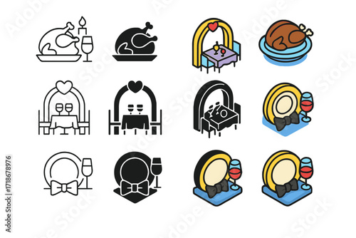 Festive Dinner Icons. Icon Set of Festive Dinner Themes: Holiday feast, Wedding banquet, Black-tie gala. Icons set in vector style, emblematic variations.