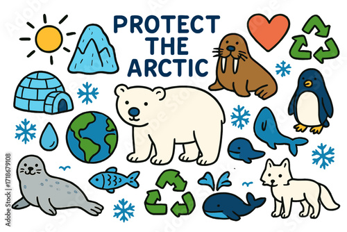 Protecting Arctic Wildlife Icons. Colorful Hand-drawn doodle Children illustration Protecting the Arctic polar bear, seal, igloo, iceberg, snowflake, fish,