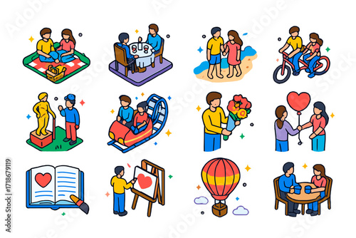 Romantic Date Icons. Colorful isometric vector icons set of romantic date ideas: picnic in park, rooftop dinner, beach stroll, bike ride, museum visit,