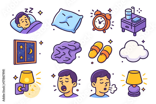 Isometric Sleep Icons. Colorful isometric vector icons set of bedroom sleep moments: snoozing person, pillow with imprint, alarm clock ringing, nightstand with