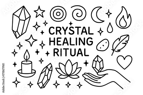 Crystal Healing Symbols. Hand-drawn doodle illustration Crystal Healing Ritual [hand, gemstone, lotus flower, candle, sparkle, star, aura circle, spiral, sun,