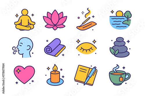 Mindfulness Icon Set. Colorful isometric vector icons set of Inner peace and mindfulness: meditation pose, lotus flower, incense stick, calm lake scene,