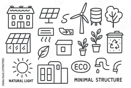 Eco-Friendly Building Doodles. Hand-drawn doodle illustration Eco-friendly buildings green roof, solar panel, wind turbine, water tank, tree, glass wall, air