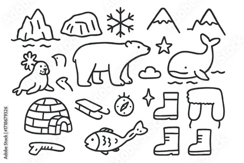 Arctic Doodle Icons. Hand-drawn doodle illustration Arctic landscape [iceberg, glacier, snowflake, mountain, polar bear, seal, whale, igloo, sled, compass,