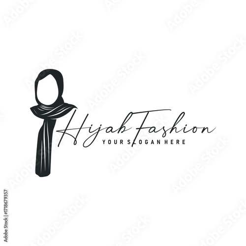 Beauty design concept of woman with black silhouette of simple elegant hijab logo, showing Muslim women's clothing style, illustration of symbol template for poster and brand