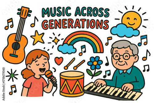 Music Unites Generations. Colorful Hand-drawn doodle Children illustration Music Across Generations [guitar, piano, drum, singing, heart, rainbow, star, spark,