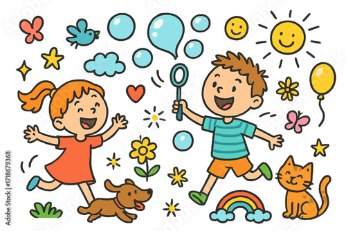 Children Chasing Bubbles. Colorful Hand-drawn doodle Children illustration Kids Chasing Bubbles [bubbles, bubble wand, child, dog, cat, heart, star, rainbow,