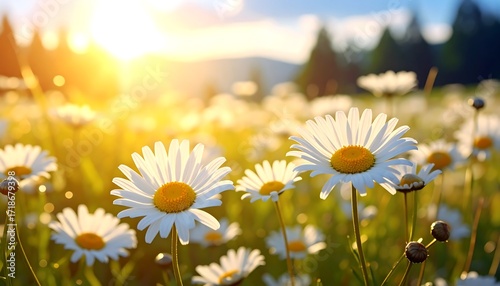 Daisies bathed in golden sunlight