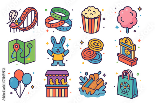 Theme Park Icons. Colorful isometric vector icons set of theme park adventures: rollercoaster, family wristbands, popcorn bucket, cotton candy, park map,