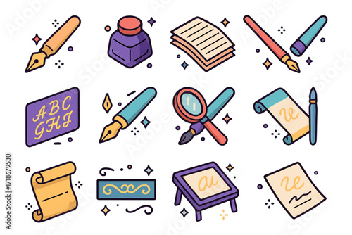 Colorful Calligraphy Icons. Colorful isometric vector icons set of calligraphy practice: calligraphy pen, ink bottle, guide sheets, nib holder,