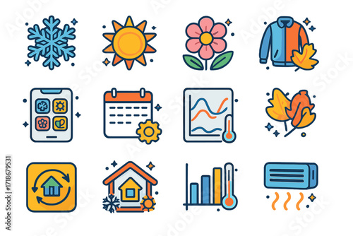 Seasonal Icons Grid. Colorful isometric vector icons set of seasonal temperature adjustments: winter snowflake, summer sunburst, spring bloom icon, autumn