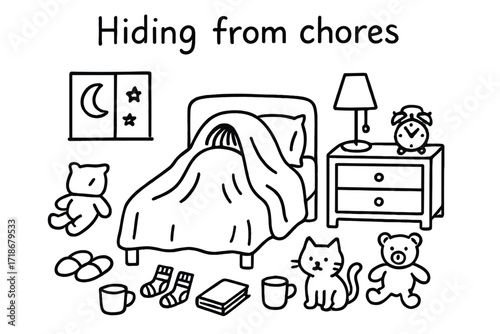 Procrastination Sanctuary. Hand-drawn doodle illustration Hiding from chores, person under blanket, pillow, bed, alarm clock, nightstand, lamp, slippers,