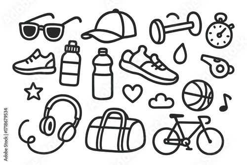 Sporty Doodle Icons. Hand-drawn doodle illustration sporty look with sunglasses sunglasses, cap, running shoes, water bottle, dumbbell, stopwatch, whistle,
